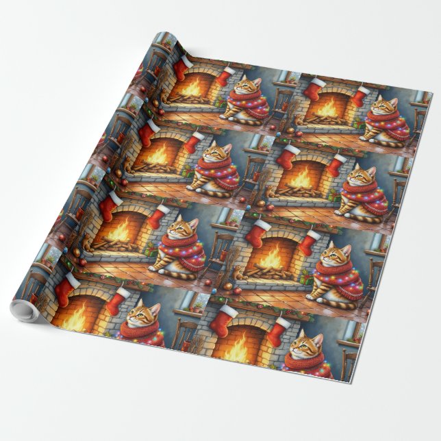 Papel De Regalo Cozy Abyssinian Cat by Fireplace Christmas Lights (Desenrollado)