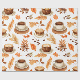 Papel De Regalo Cozy Autumn Coffee Cups and Leaves in Warm Earthy 