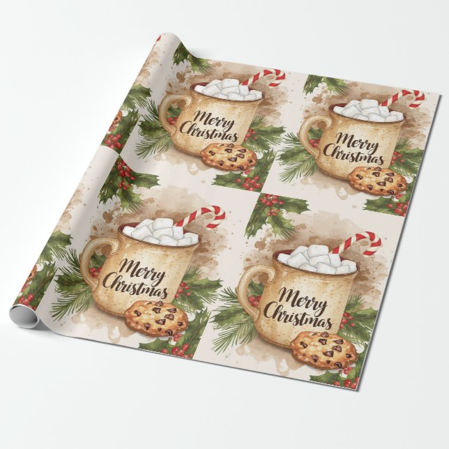 Papel De Regalo Cozy cocoa merry Christmas cookie holly festive (Desenrollado)