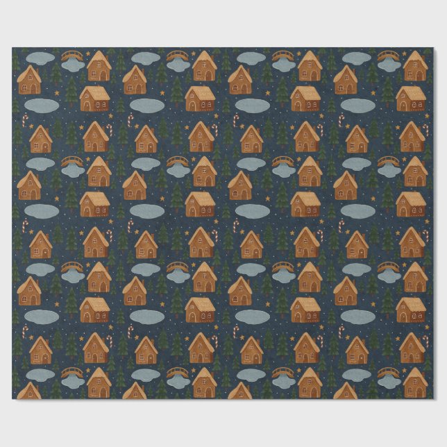 Papel De Regalo Cozy Gingerbread Village Pattern Wrapping Paper (Superficie plana)