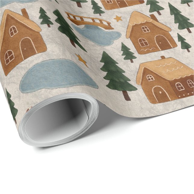 Papel De Regalo Cozy Gingerbread Village Wrapping Paper (Esquina del rollo)