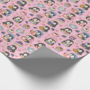 Papel De Regalo Cozy Kawaii Penguins with Tea Cupcakes