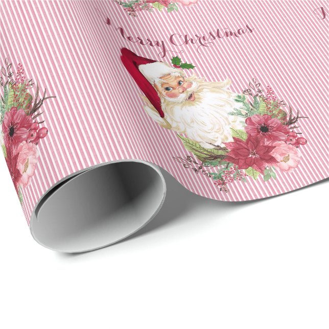 Papel De Regalo Cranberry Floral Santa Claus Stripe Poinsettia (Esquina del rollo)