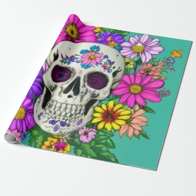 Papel De Regalo cráneo colorido con flores (Desenrollado)