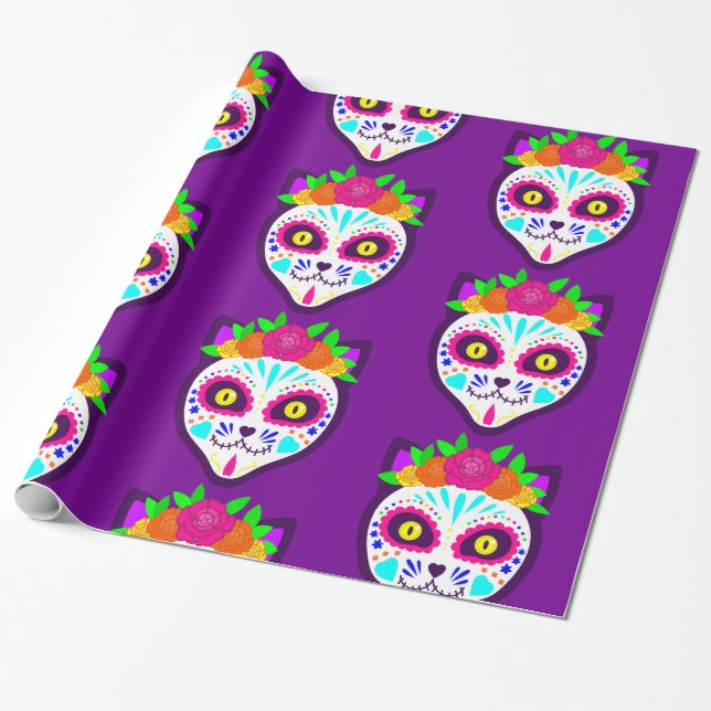 Papel De Regalo cráneo de azúcar de gato de halloween mexicano (Desenrollado)