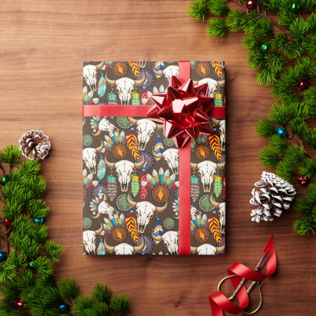 Papel De Regalo Cráneo de Búfalo Emblema Nativo Americano (Regalo de vacaciones)