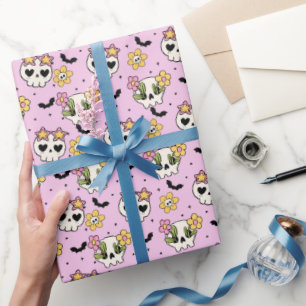Papel De Regalo Cráneo De Flora Rosa Y Bats Girly Halloween