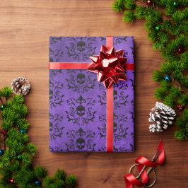 Papel De Regalo Cráneo floral gótico oscuro Damask (negro y púrpur