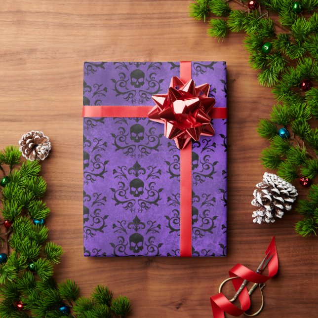 Papel De Regalo Cráneo floral gótico oscuro Damask (negro y púrpur (Regalo de vacaciones)