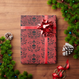 Papel De Regalo Cráneo floral gótico oscuro Damask (negro y rojo)