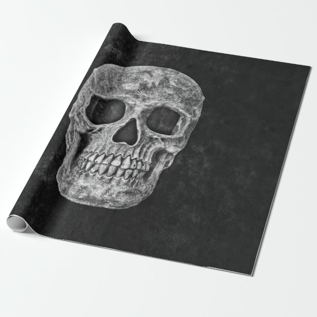 Papel De Regalo Cráneo gótico del Grunge blanco y negro (Desenrollado)