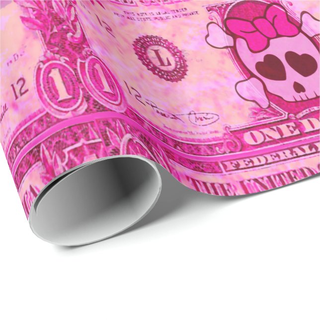 Papel De Regalo cráneo lindo, dólar rosado (Esquina del rollo)
