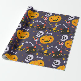 Papel De Regalo Cránulos de Halloween, gatos y sonrisas de calabaz