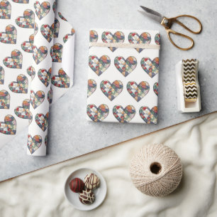 Papel De Regalo Crazy Quilt Heart Design On White