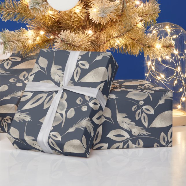 Papel De Regalo Crea tu propio Elegante Foliage Azul y Oro (Vacaciones)