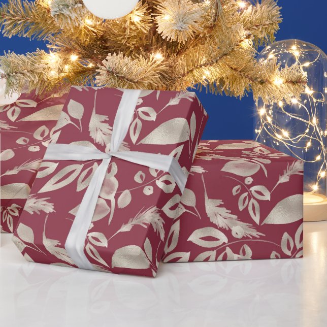 Papel De Regalo Crea tu propio elegante follaje rojo y oro (Vacaciones)