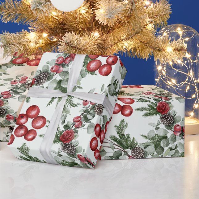 Papel De Regalo Crea tu propio Holly Rojo y Pinecones (Vacaciones)