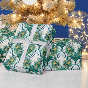 Papel De Regalo Crea tus propias plumas de pavo real verde dorado