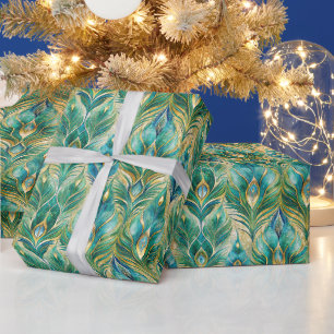 Papel De Regalo Crea tus propias plumas de pavo real vintage dorad