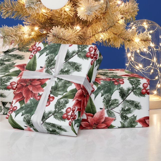 Papel De Regalo Crea tus propias poinsettias rojas y blancas holly (Vacaciones)