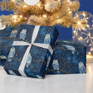 Papel De Regalo Crea tus propios búhos de nieve dorados y azules m