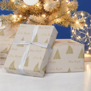Papel De Regalo Cream Gold Purpurina Shine Christmas Trees     