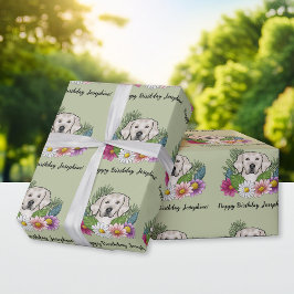 Papel De Regalo Cream Golden Retriever Floral Happy Birday Green