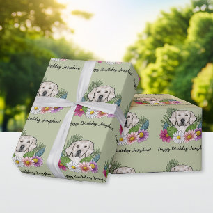Papel De Regalo Cream Golden Retriever Floral Happy Birday Green