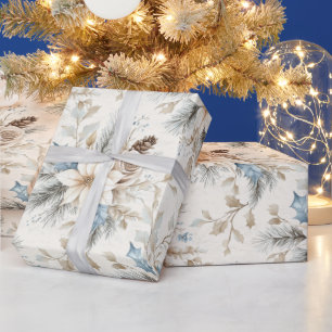 Papel De Regalo Cream Poinsettia Blue Floral Navidades