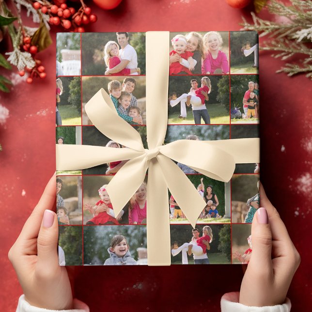 Papel De Regalo Crear Personalizado 6 Navidades de oro rojo Collag (Create Custom 6 Photo Collage Red Gold Christmas Wrapping Paper)