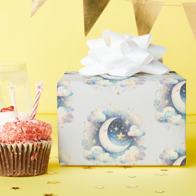 Papel De Regalo Creciente Luna Celeste Boho Moderno Azul y Blanco (Fiesta de cumpleaños )
