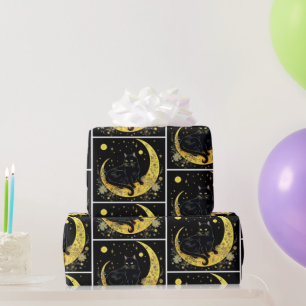 Papel De Regalo Creciente Luna Floral Gato Negro Blanco Halloween