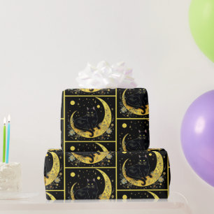 Papel De Regalo Creciente Luna Floral Gato Negro Dorado Halloween