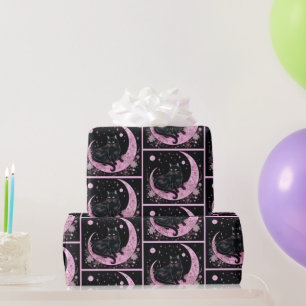 Papel De Regalo Creciente Luna Floral Gato Negro Rosa Halloween