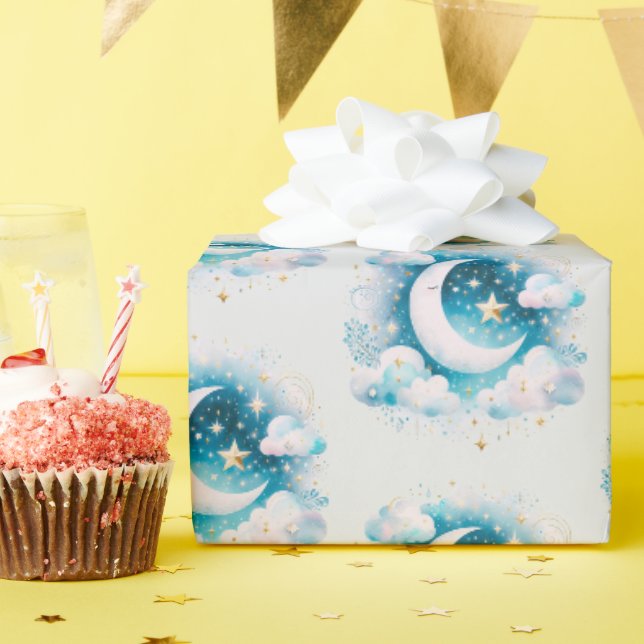Papel De Regalo Creciente Lunar Celeste Azul y Blanco Boho Moderno (Fiesta de cumpleaños )
