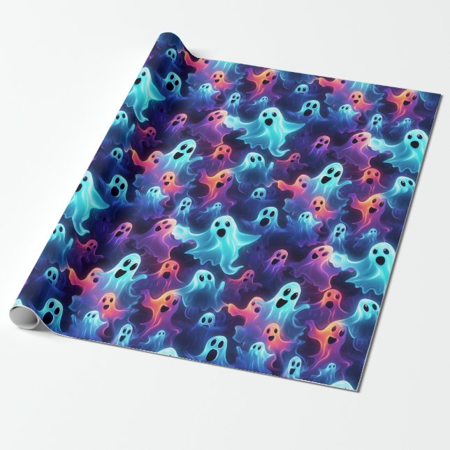 Papel De Regalo Creepe Fantasma Azul Rojo Morado Halloween (Desenrollado)