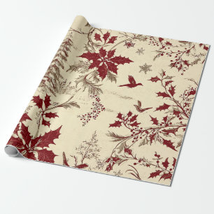 Papel De Regalo Crema Antiguo Burgundy Invierno Pájaros Acebo Flor