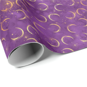 Papel De Regalo Crescent Moon Halloween Spell Gold Purple Pattern