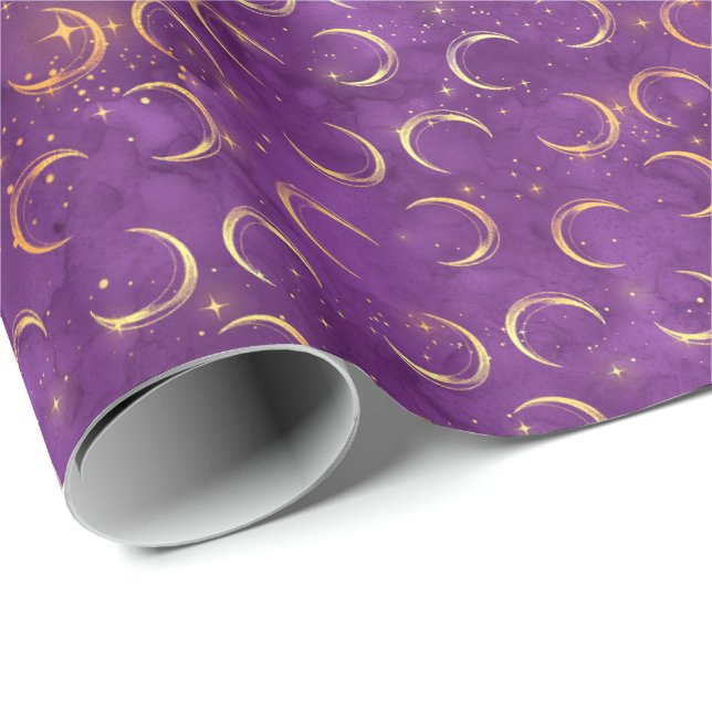 Papel De Regalo Crescent Moon Halloween Spell Gold Purple Pattern (Esquina del rollo)