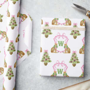 Papel De Regalo Crest Monograma de Navidad Leopardo Preppy Acuarel