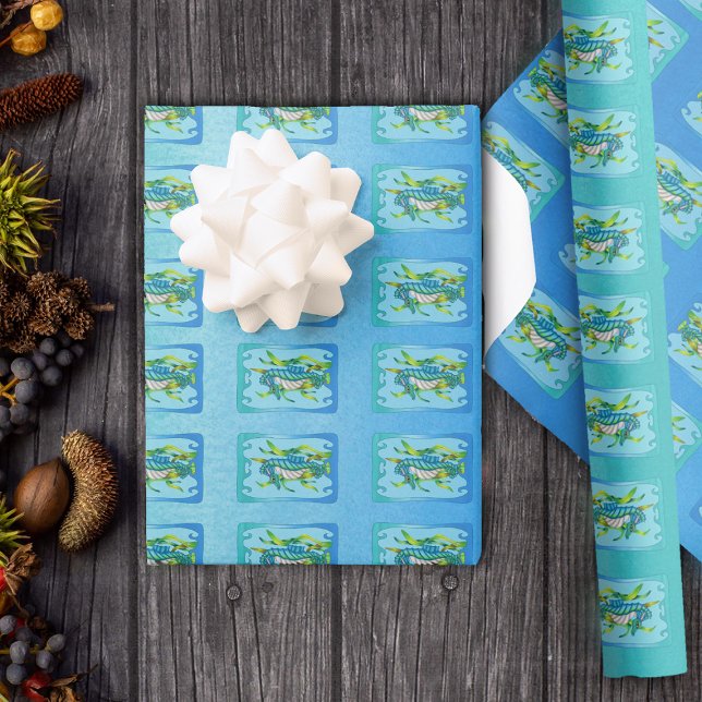 Papel De Regalo Criatura del dragón marino en marco verde azul de  (Fantasy sea creature dragon in seaweed in wavy frames blues and greens gift wrapping paper roll.)