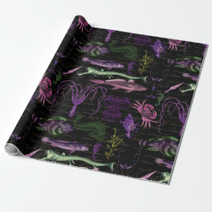 Papel De Regalo Criaturas del mar morado y verde en negro