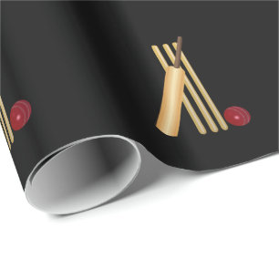 Papel De Regalo Cricket - Wicket, Bat and Ball, fondo negro