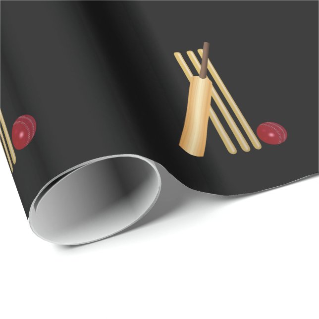Papel De Regalo Cricket - Wicket, Bat and Ball, fondo negro (Esquina del rollo)