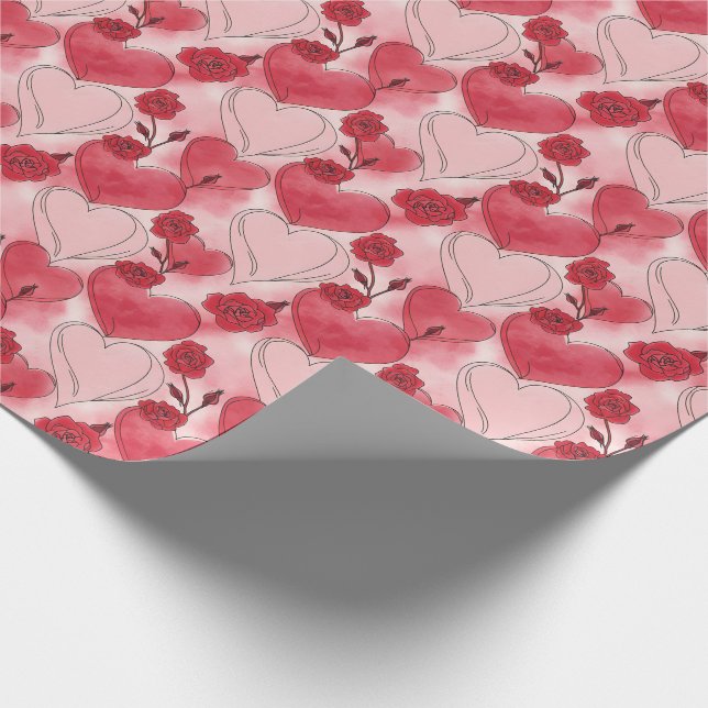 Papel De Regalo Crimson Red and Blush Pink Hearts and Roses  (Esquina)
