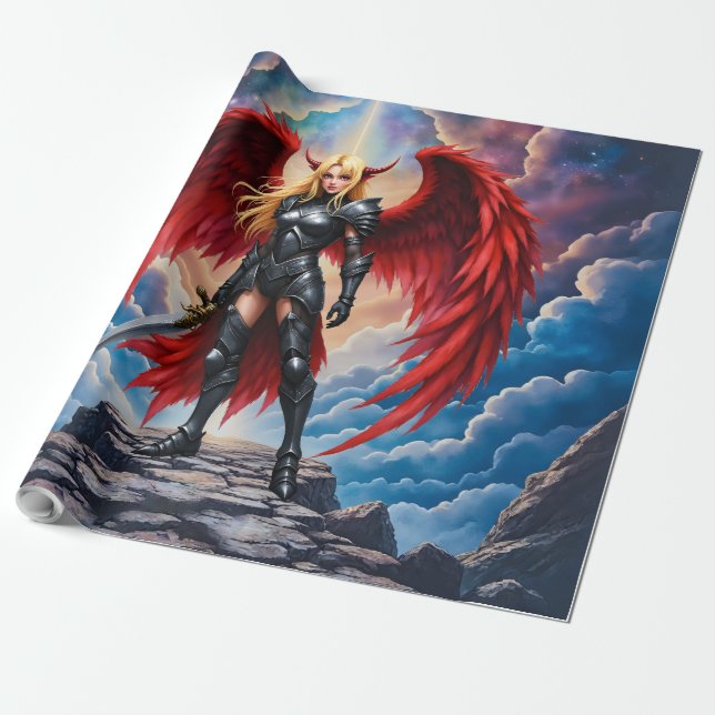 Papel De Regalo Crimson Wing – Fallen Angel Warrior.  (Desenrollado)