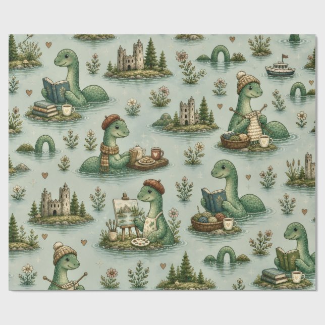 Papel De Regalo Criptídeos Acogedores Nessie Monstruo del Lago Nes (Superficie plana)