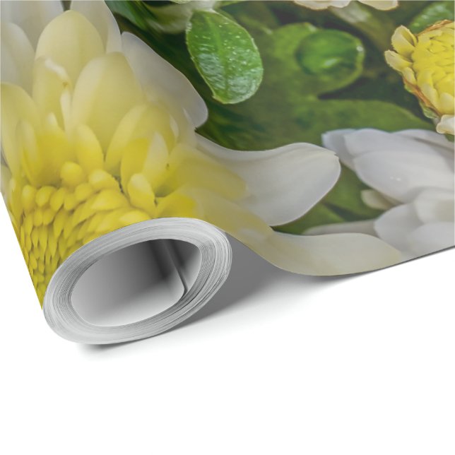 Papel De Regalo Crisantemo Floral Amarillo Verde Blanco (Esquina del rollo)