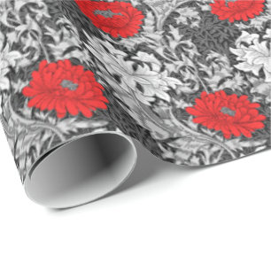 Papel De Regalo Crisantemos, gris y rojo de William Morris