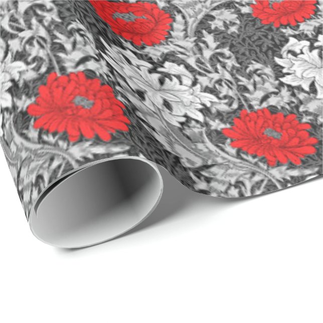 Papel De Regalo Crisantemos, gris y rojo de William Morris (Esquina del rollo)